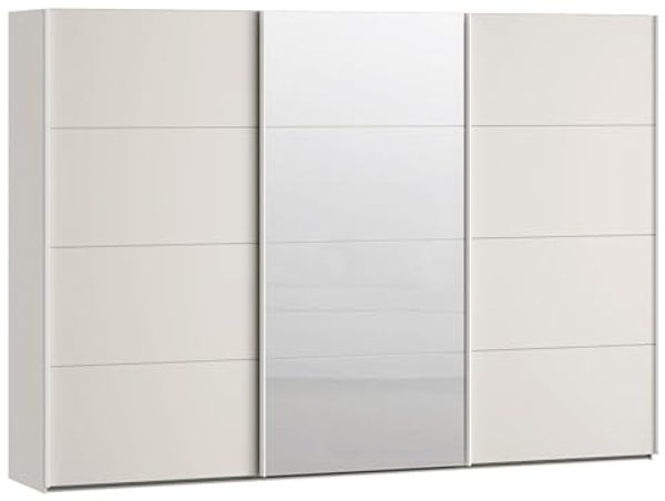 Forte SOPHISTISPACE Kleiderschrank 300, moderner Schwebetürenschrank, 3-türig, Einlegeböden, Kleiderstangen, Spiegel, Holzwerkstoff, Kaschmir|Beige, 299,8 cm breit x 210,5 cm hoch x 62,9 cm tief