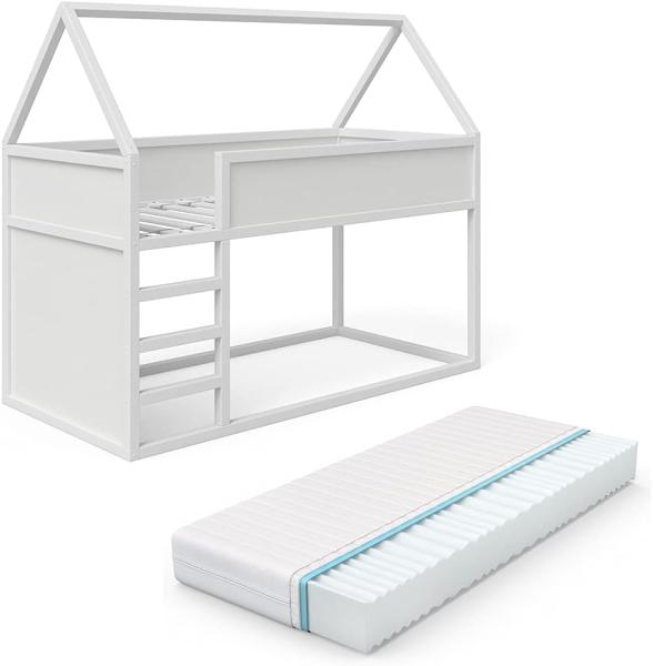 VitaliSpa Haus Hochbett Pinocchio - Spielbett Kinderbett Leiter Erle weiß Hausbett Jugendbett 90x200 cm, inkl. 7-Zonen Kaltschaummatratze
