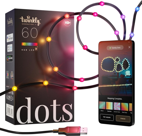 Twinkly Dots 3m, Mehrfarbiger und Flexibler LED-Streifen, Kompatibel mit Alexa und Google Home, Gaming-Lichter, Über 16 Mio. Farben, USB-betrieben, App-Steuerung, Schwarzes Kabel, 60 LEDs