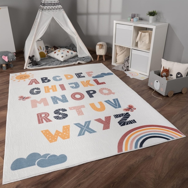 Paco Home Teppich Kinderzimmer Kinderteppich Spielteppich Kurzflor rutschfest Krone Herzen Punkte Sonne Regenbogen Buchstaben, Grösse:140x200 cm, Farbe:Bunt