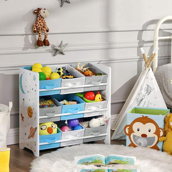 Songmics Kinderzimmerregal, Spielzeug-Organizer, Bücherregal für Kinder, mit 9 Aufbewahrungsboxen aus Fleece, Kinderzimmer, Schule, Kindergarten, 62,5 x 29,5 x 60 cm, Weltall-Motive, Weiß, Blau, Grau Bild 2