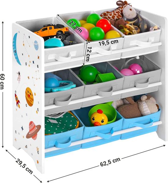 Songmics Kinderzimmerregal, Spielzeug-Organizer, Bücherregal für Kinder, mit 9 Aufbewahrungsboxen aus Fleece, Kinderzimmer, Schule, Kindergarten, 62,5 x 29,5 x 60 cm, Weltall-Motive, Weiß, Blau, Grau Bild 6