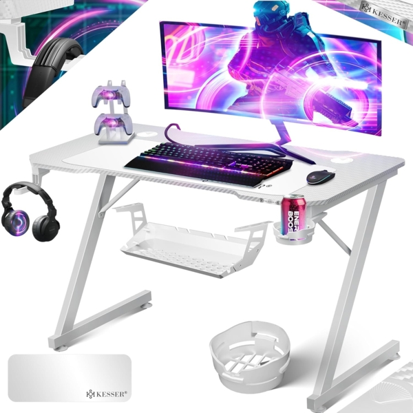 KESSER® Gaming Tisch LED | Z-Form Gamer Schreibtisch | Kopfhörerhaken & Kohlebeschichtung | Ergonomischer PC Computertisch | Stabiler Tisch mit Mauspad & Getränkehalter 120 x 60 cm, Weiß Carbon