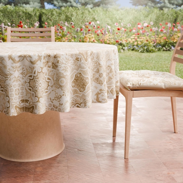 PETTI Artigiani Italiani - Schmutzabweisende runde Tischdecke aus Mikrofaser (Durchmesser 220 cm), Küchentischabdeckung für runden Tisch, Design Vietri 02, Taupe, 100% Made in Italy Bild 4