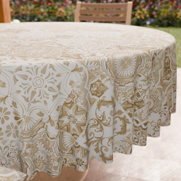 PETTI Artigiani Italiani - Schmutzabweisende runde Tischdecke aus Mikrofaser (Durchmesser 220 cm), Küchentischabdeckung für runden Tisch, Design Vietri 02, Taupe, 100% Made in Italy Bild 5