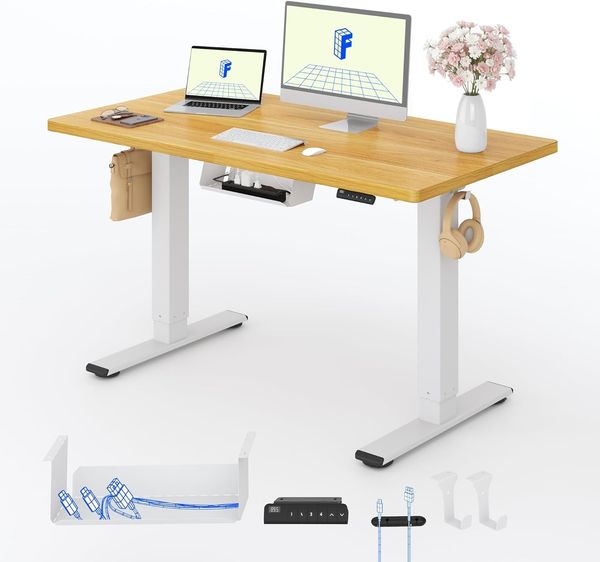 FLEXISPOT Höhenverstellbarer Schreibtisch mit 2 Motoren & 25MM einteiliger Tischplatte,ergonomischer Bürotisch - 120x60 cm Ahorn, weißes Gestell