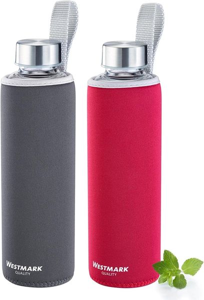 WESTMARK Trinkflasche 2 Stk, aus Glas mit Aufdruck, inkl. Schutzhülle, je 550 ml, Viva
