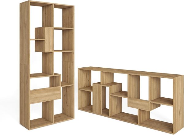 Skraut Home - Designregal - 161 x 69 x 25 cm - Vertikales oder horizontales Bücherregal - Zig-ZAG-Sonoma-Modell - Einfache Montage - Widerstandsfähig - Helles Eichenholz