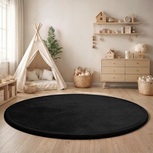 Paco Home Teppich Kinderzimmer Kinderteppich Baby Spielteppich Krabbeldecke Krabbelmatte Weich rutschfest Jungen Mädchen Deko, Grösse:120 cm Rund, Farbe:Schwarz