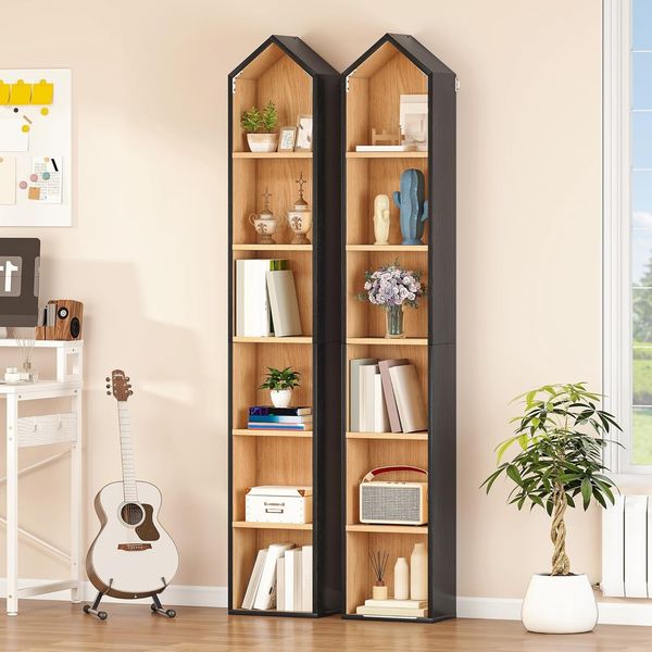 YITAHOME Hohe Schmale Bücherregal, l Haus Geformt Dünne Ecke 6-Tier Freistehende Bücherregal, Platzsparendes Design Display Lagerung für Haus & Büro, Schwarz & Eiche, 30W × 23.5D × 181H cm 2PCS