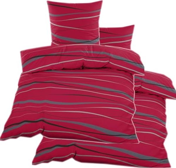 KH-Haushaltshandel Bettwäsche 2-tlg. Bettwäsche Biber Winter Bettwäsche 135 x 200 +80x80cm, Wellen, Biber, 2 teilig, rot grau, flauschig weich, warm, Baumwoll Mischgewebe