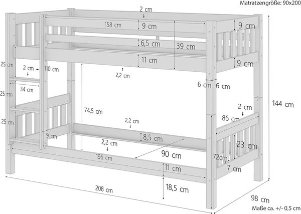 Erst-Holz Etagenbett 90x200 cm, weiß, Kiefer massiv Bild 3