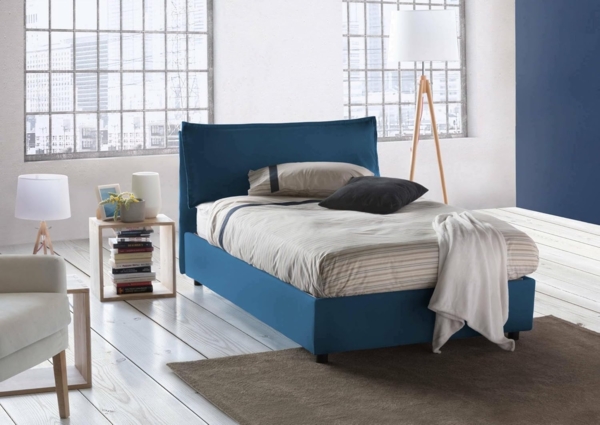 Talamo Italia Bett Veronica eineinhalb mit Container, Made in Italy, Kopfteil und Bezug aus Stoff, Frontöffnung, passend für Matratze 120x190 cm, Blau