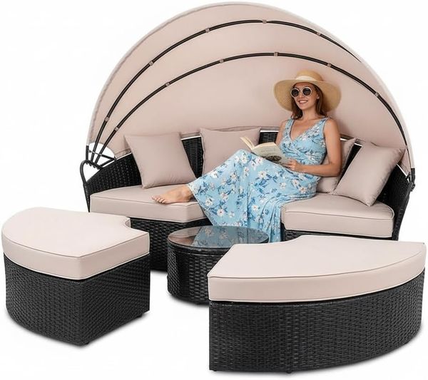 Melko Gartenlounge-Set Polyrattan Sonneninsel Tisch & Kissen 180CM Strandkorb Set, (Stück), Wasserabweisend