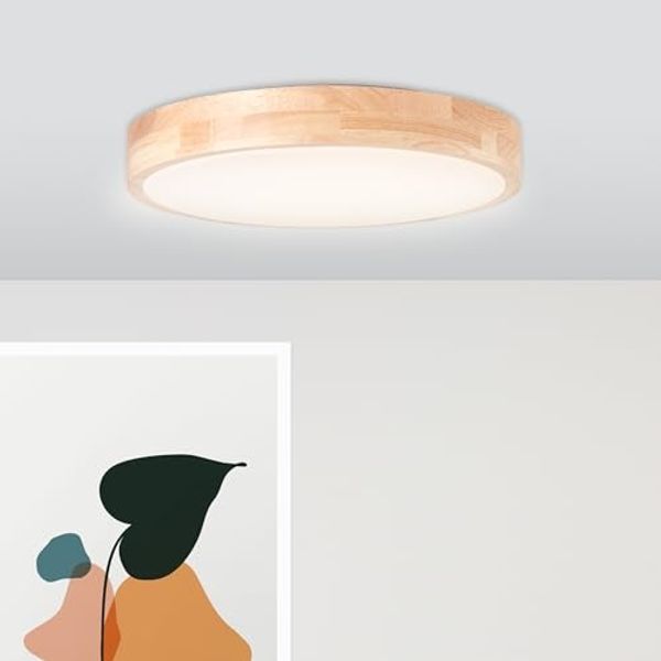 Lightbox Deckenleuchte, LED fest integriert, warmweiß - kaltweiß, spritzwassergeschützte Holz LED Deckenlampe, Ø 34 cm, 3000K - 4500K