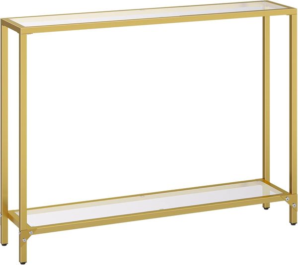 HOOBRO Konsolentisch mit Ablagen, 100 cm Beistelltisch, Hartglas, Eingangstisch, moderner Sofatisch, Ausstellungstisch, Metallgestell, für Wohnzimmer, Flur, goldfarben EGD04XG01