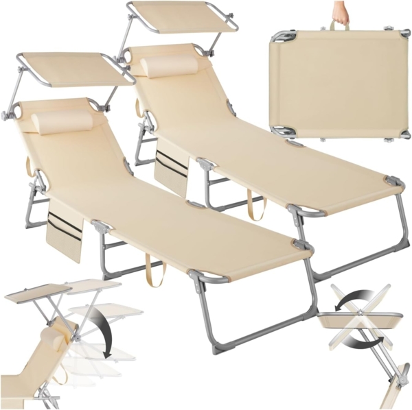 tectake® 2er Set Sonnenliege klappbar und tragbar, Liege mit Seitentasche, Strandliege, Gartenliege mit Dach, Liegestuhl mit Verstellbarer Rückenlehne, Kopfkissen - für Balkon, Terrasse (beige)