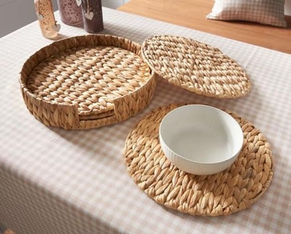5 tlg. Platzteller Set "Nature" aus Wasserhyazinthe, Ø 32 cm, 4 Untersetzer + Aufbewahrung, Tischset, Platzset