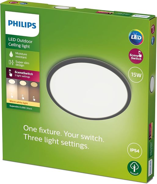 Philips Superslim Deckenleuchte 15 W Schwarz Metall Kunststoff IP54 Terrasse Garten II Modern