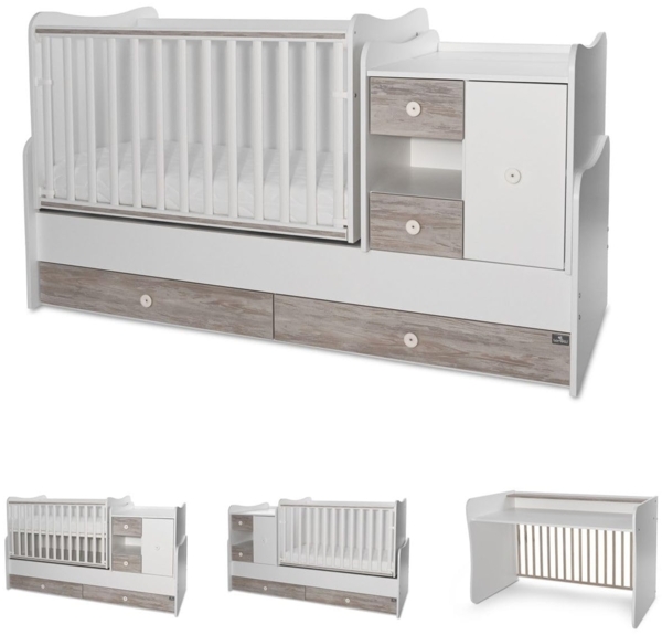 Lorelli Babybett, Jugendbett 3 in 1 Mini Max umbaubar, für 2 Kinder gleichzeitig weiß grau