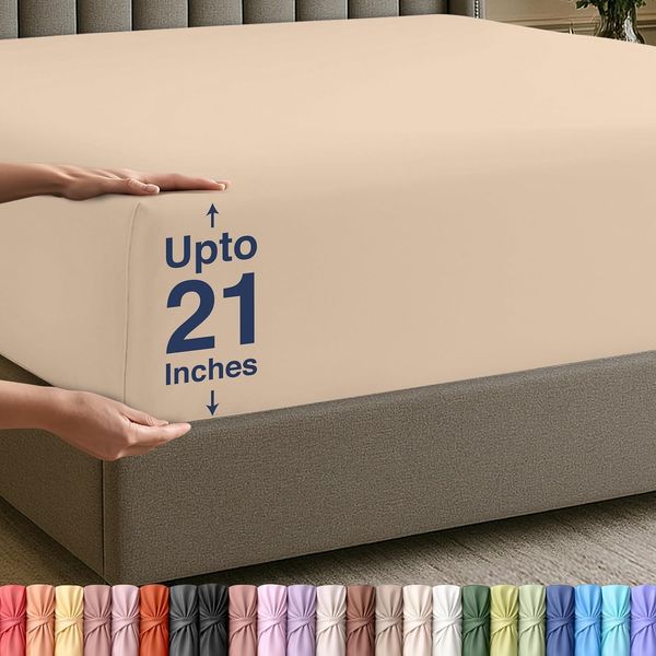 Utopia Bedding Spannbettlaken Queen – Extra tiefe Tasche – 53 cm Tiefe – Weiche Mikrofaser – Schrumpf- und farbbeständig – Pflegeleicht – Nur 1 Spannbettlaken (Beige)