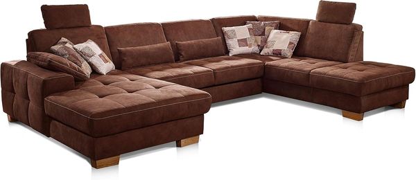CAVADORE Wohnlandschaft Puccino mit Federkern, Bettfunktion, Sitztiefenverstellung und 2 Kopfstützen / Sofa in U-Form im Landhausstil / 340 x 86 x 224 cm / Mikrofaser braun