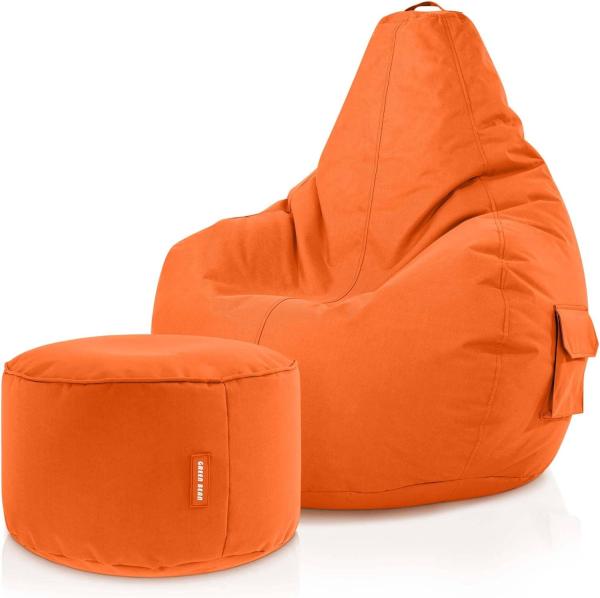 Green Bean© Sitzsack mit Rückenlehne + Hocker "Cozy+Stay" 80x70x90cm - Gaming Chair mit 230L Füllung - Bean Bag Lounge Chair Sitzhocker Orange