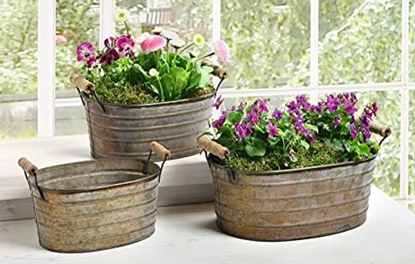 Dekoleidenschaft Pflanzkübel Metallwannen im Antik-Design mit Holzgriffen, Blumenkübel Pflanzkasten (3 St, im Set), Blumenkasten, Pflanzkübel, Metall Pflanzgefäß, Gartendeko für Draußen