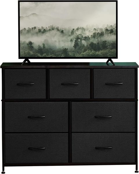 DUMOS Kommode für Schlafzimmer mit 7 Stoffschubladen hohe Kommode Organizer für Kleidung Schrank Kinderzimmer Aufbewahrungsturm mit Schrank Metallrahmen Holzplatte leichte Kinderzimmermöbel
