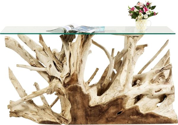 Kare Design Konsole Roots 150x40 cm, Designer Konsole aus Wurzelholz mit Glasplatte, Unikat, Sideboard Echtholz, einzigartiges Schmuckstück, Teak Konsole, (H/B/T) 75 x 150 x 40 cm