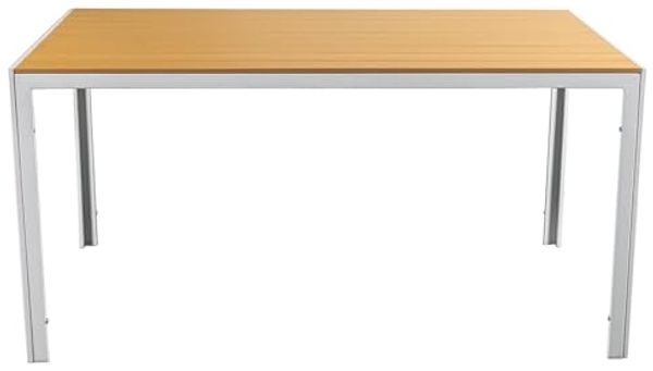 DRW Weißer Stahltisch und Tischplatte aus Polyethylen, Naturholz, 150 x 90 x 74 cm