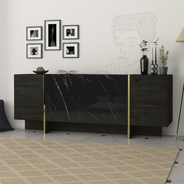 Dmora Sideboard Okul 180 x 46,6 x 75,5 cm Schwarz 3 Böden 7 Fächer