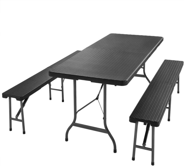 Casaria 'Malmö' Bierzeltgarnitur, 3-teilig, klappbar, Polyrattan schwarz, 180 x 75 x 73 cm