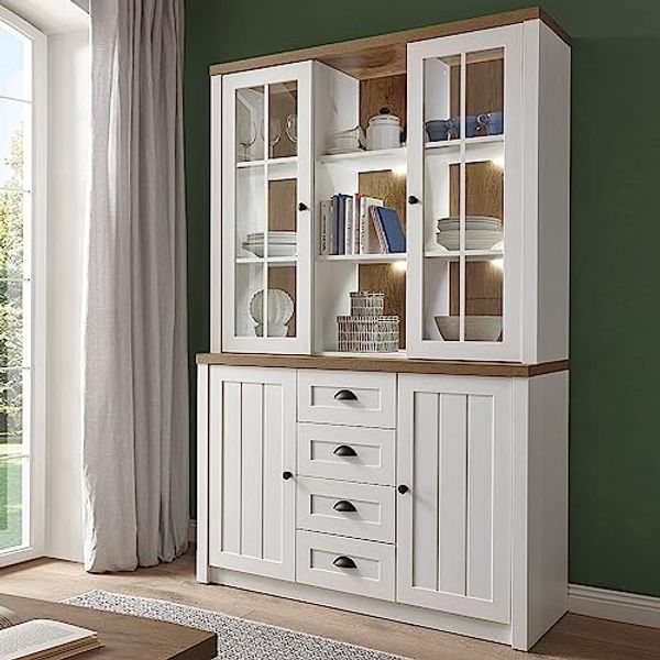 Landhaus Buffetschrank in Pinie weiß und Eiche hell PISA-61 inkl. LED, B/H/T: 130/198/43cm