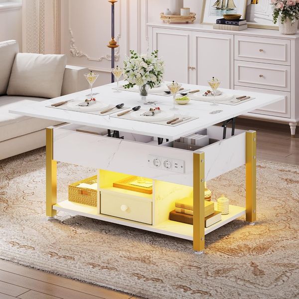 YITAHOME Couchtisch mit Höhenverstellbarer, 4-in-1-Multifunktions-Couchtisch mit Stauraum und LED Beleuchtung, Couchtisch lässt Sich in einen Esstisch für das Wohnzimmer umwandeln, Weißer Marmor