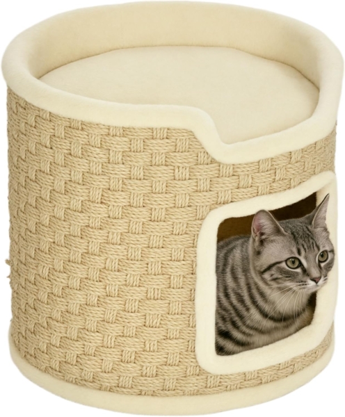 PawHut Kratzbaum 2 Ebene Kratztonne, 37 cm Hoch Katzentonne mit Tür, für Katze bis 5 kg, Khaki