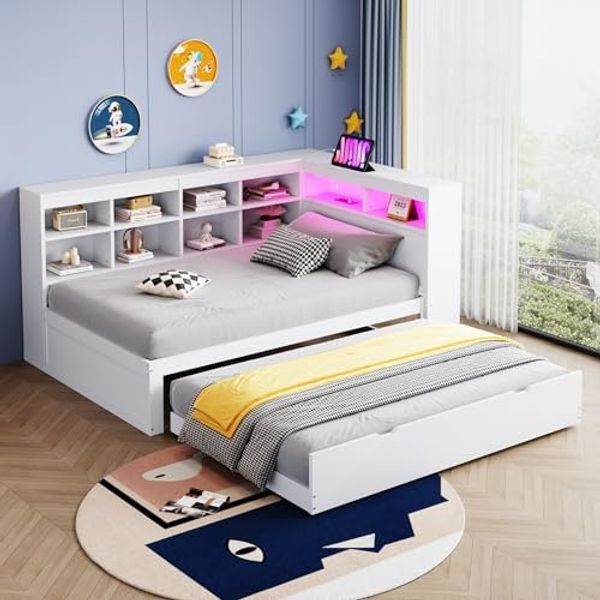 Odikalo Ausziehbett Daybett Schlafsofa USB LED Regal Ablagefächern Stauraum Weiß 90x200cm