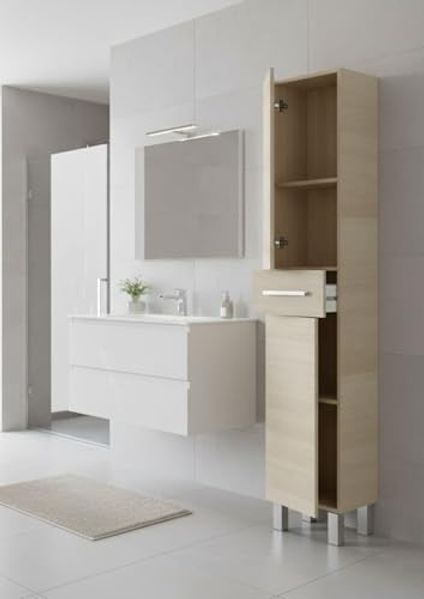 Dmora - Säulenschrank Wilmington, Badezimmerwandschrank mit 2 Türen und 1 Schublade, hoher Kleiderschrank, 35x31h182 cm, Eiche