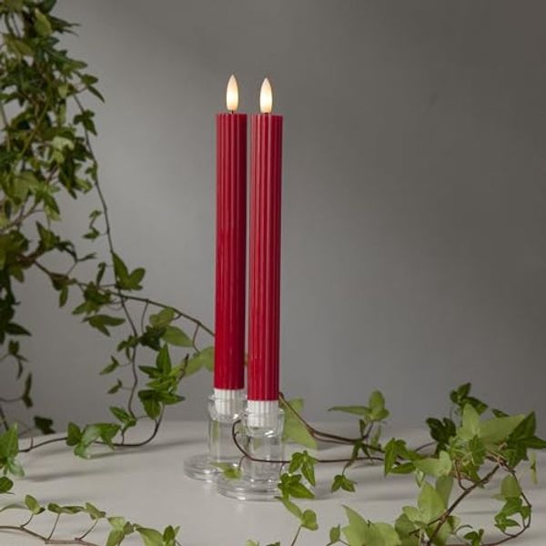 LED-Stabkerzen Flamme Stripe, 2er Set, Echtwachs, rot, H 25cm