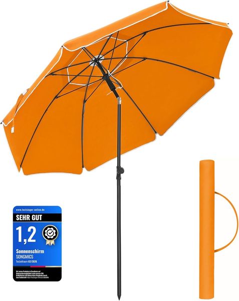 Songmics Sonnenschirm 200 cm, Sonnenschutz, UPF 50+, Strandschirm, beidseitig um 30° knickbar, höhenverstellbar, mit Tragetasche, für Balkon, Garten, Terrasse, Strand, ohne Ständer, orange GPU65OGV1