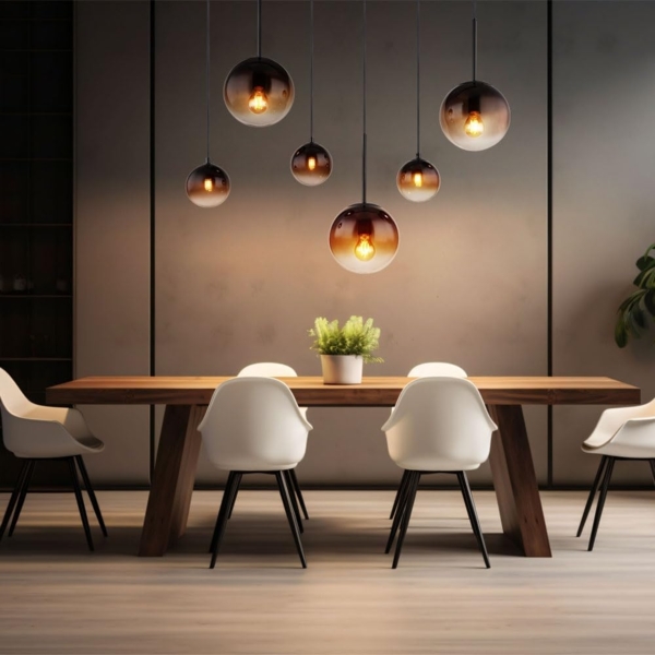 Pendelleuchte, Metall, Glas, rauchfarben, 6 Flammig, H 117cm