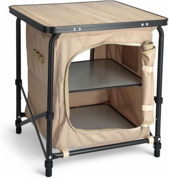 Spetebo Campingtisch 2-in-1 Stoff Campingschrank beige - 53 x 48 cm (Artikel, 1-St, inkl. Tragetasche), faltbar mit Tischplatte in Holz Optik
