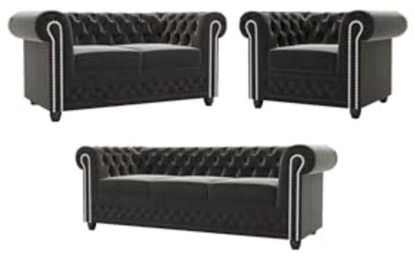 S-Style Möbel Polstergarnitur Chesterfield Lena mit Schlaffunktion 3+2+1 aus Samt-Stoff, Holzfüßen, (3-Sitzer-Sofa mit Schlaffunktion, 2-Sitzer-Sofa mit Schlaffunktion, Sessel), mit Wellenfederung