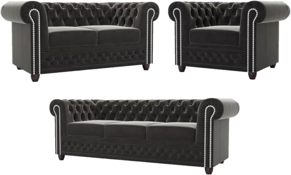 S-Style Möbel Polstergarnitur Chesterfield Lena mit Schlaffunktion 3+2+1 aus Samt-Stoff, Holzfüßen, (3-Sitzer-Sofa mit Schlaffunktion, 2-Sitzer-Sofa mit Schlaffunktion, Sessel), mit Wellenfederung