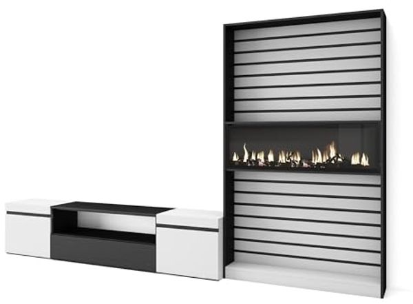 Skraut Home TV-Möbel | Esstisch-Set | 210 x 186 x 35 cm | für Fernseher bis 80 Zoll | elektrischer Kamin | moderner Stil | Schwarz und Weiß