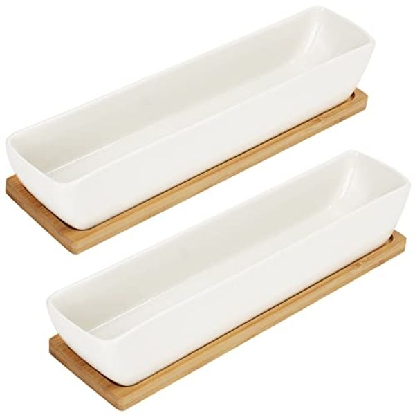 Belle Vous Blumentopf Weiße Sukkulentenpflanzentöpfe mit Bambus-Tablett (2 Stück), White Succulent Plant Pots with Bamboo Tray (2 pcs)