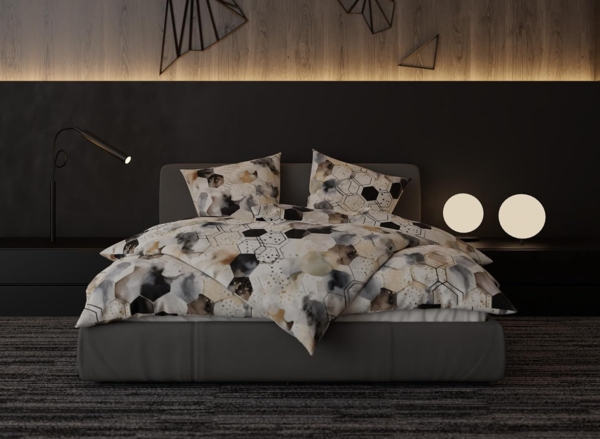 Mako Satin Bettwäsche Hexagon schwarz / braun Garnitur 135x220 + 80x80