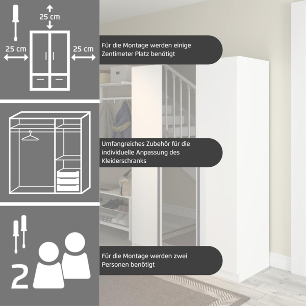 rauch Kleiderschrank Alba, Drehtürenschrank, Garderobenschrank, 3-türig, mit Spiegel, mit 2 Kleiderstangen, 2 Einlegeböden und Schubladeneinsatz, Farbe Weiß, Griffstange Grau metallic, Schwarz, 136x197x54cm Bild 5