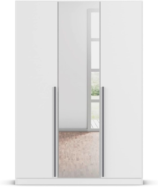 rauch Kleiderschrank Alba, Drehtürenschrank, Garderobenschrank, 3-türig, mit Spiegel, mit 2 Kleiderstangen, 2 Einlegeböden und Schubladeneinsatz, Farbe Weiß, Griffstange Grau metallic, Schwarz, 136x197x54cm Bild 8