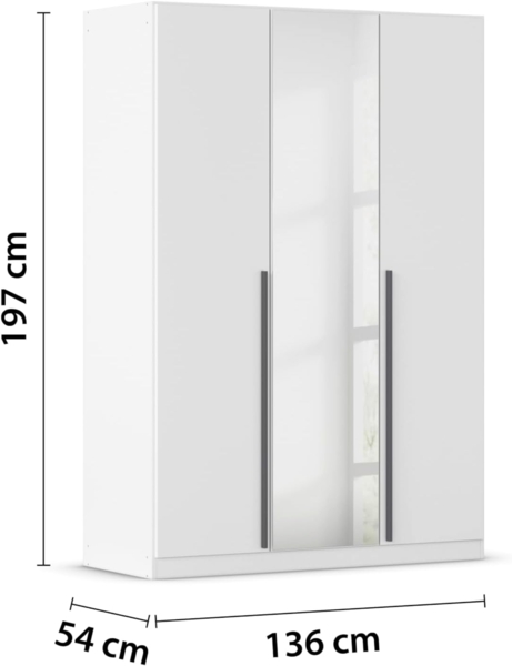 rauch Kleiderschrank Alba, Drehtürenschrank, Garderobenschrank, 3-türig, mit Spiegel, mit 2 Kleiderstangen, 2 Einlegeböden und Schubladeneinsatz, Farbe Weiß, Griffstange Grau metallic, Schwarz, 136x197x54cm Bild 3